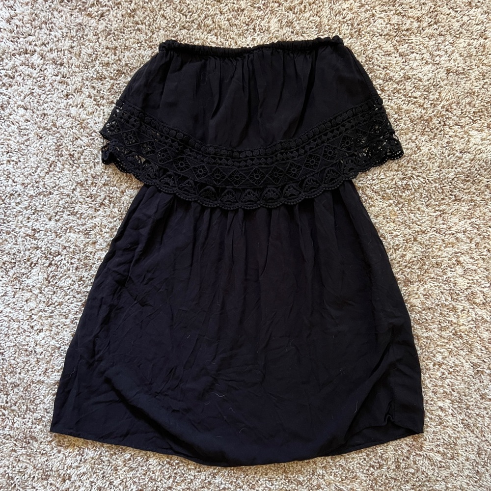 Black strapless dress with lace trim